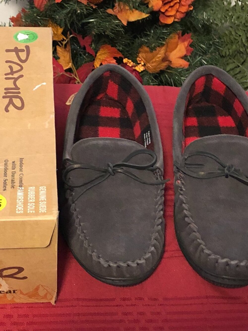 NIB Pamir Men Suede Moccasin Slippers Size 12 Buffalo Plaid